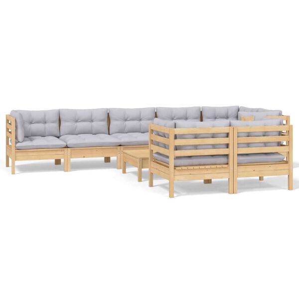 vidaXL 9-tlg. Garten-Lounge-Set mit Grauen Kissen Kiefer Massivholz