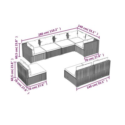 vidaXL 8-tlg. Garten-Lounge-Set mit Kissen Poly Rattan Grau