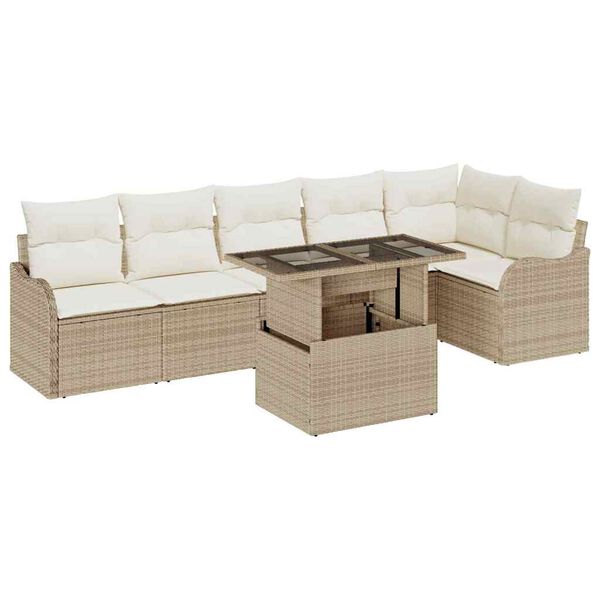 vidaXL Garten-Sofa-Set mit Kissen mit Kissen 7 pcs Beige Poly Rattan