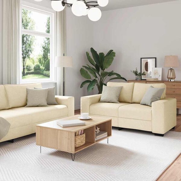 vidaXL 3-teiliges Sofa-Set mit Kissen, cremefarbener Stoff