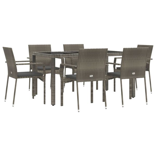 vidaXL 7-tlg. Garten-Essgruppe mit Kissen Grau Poly Rattan