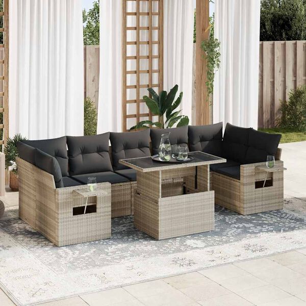 vidaXL 8-tlg. Garten-Sofagarnitur mit Kissen Hellgrau Poly Rattan