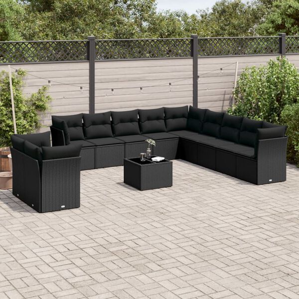 vidaXL 12-tlg. Garten-Sofagarnitur mit Kissen Schwarz Poly Rattan