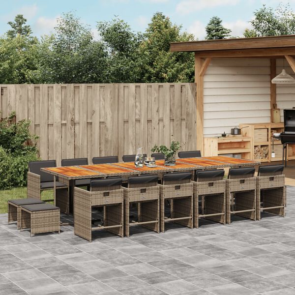 vidaXL 17-tlg. Garten-Essgruppe mit Kissen Grau Poly Rattan