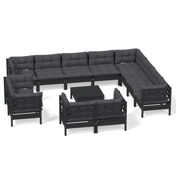 vidaXL 13-tlg. Garten-Lounge-Set mit Kissen Schwarz Massivholz Kiefer