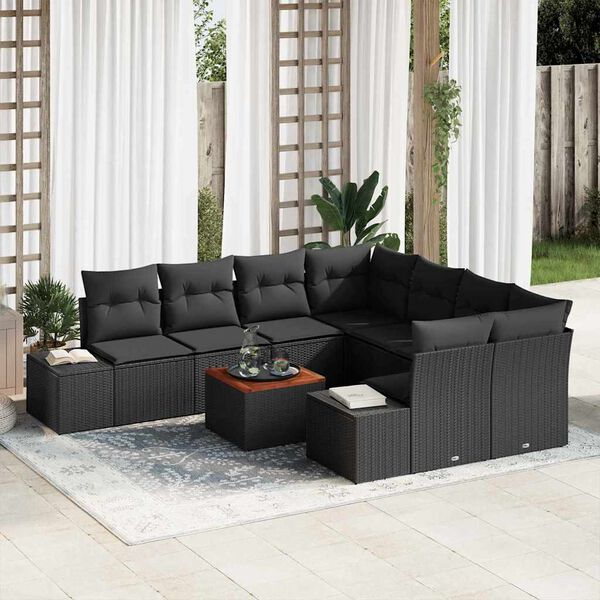 vidaXL Garten-Sofa-Set mit Kissen 9 pcs Schwarz Poly Rattan