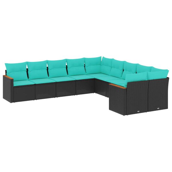 vidaXL 10-teiliges Gartensofa-Set mit Kissen, schwarzes Polyrattan