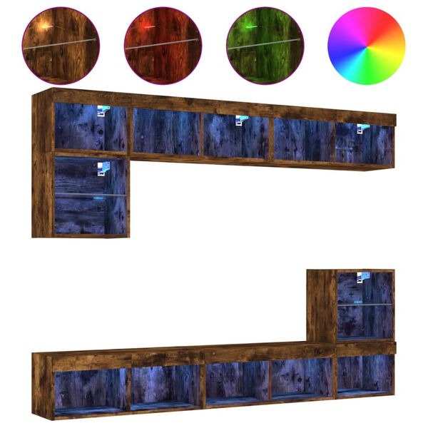 vidaXL 8-tlg. Wohnwand mit LED-Beleuchtung R&auml;uchereiche Holzwerkstoff