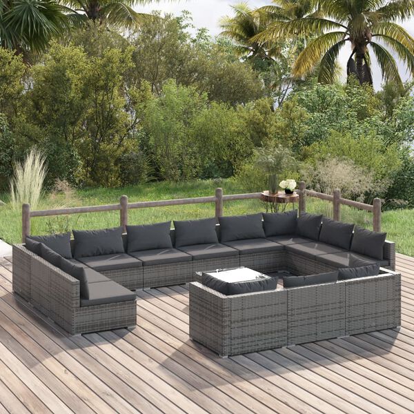 vidaXL 14-tlg. Garten-Lounge-Set mit Kissen Grau Poly Rattan