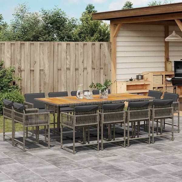 vidaXL 13-tlg. Garten-Essgruppe mit Kissen Grau Poly Rattan