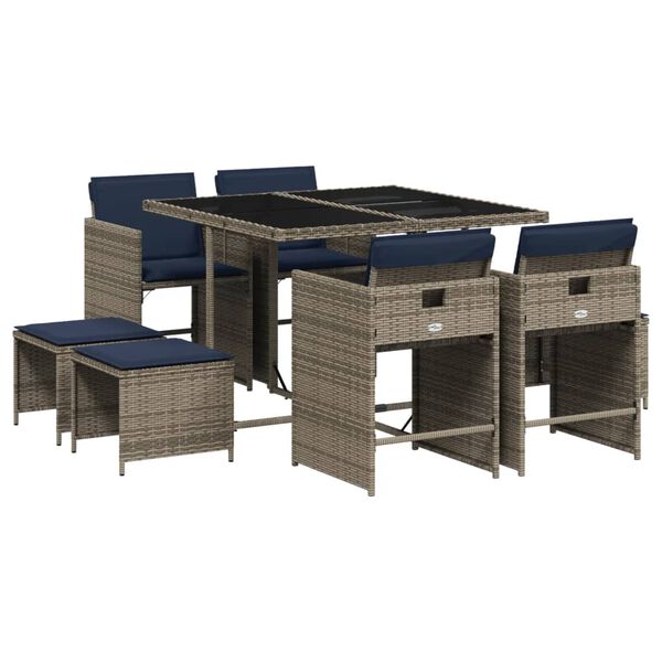vidaXL 11-teiliges Garten-Ess-Set mit Kissen, grau, Polyrattan