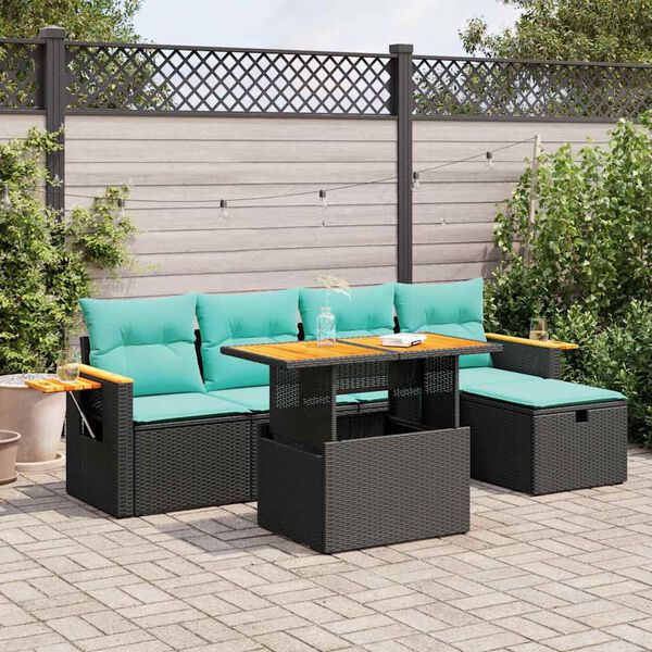 vidaXL 6-tlg. Garten-Sofagarnitur mit Kissen Schwarz Poly Rattan