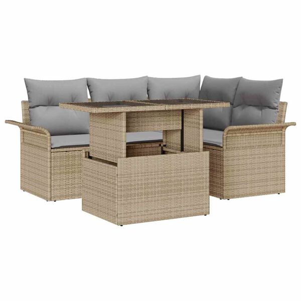 vidaXL Garten-Sofa-Set mit Kissen mit Speicher 5 pcs Beige Poly Rattan