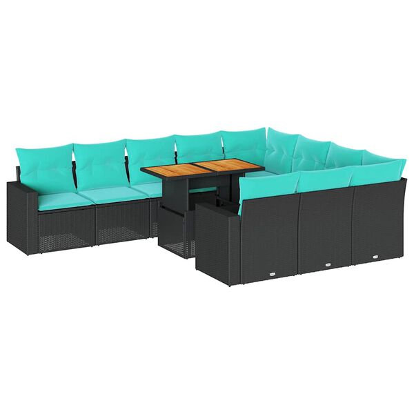 vidaXL 11-tlg. Garten-Sofagarnitur mit Kissen Schwarz Poly Rattan