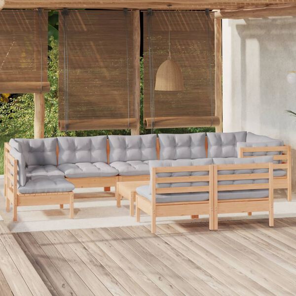 vidaXL 10-tlg. Garten-Lounge-Set mit Grauen Kissen Kiefer Massivholz