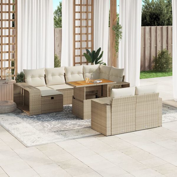 vidaXL 11-tlg. Garten-Sofagarnitur mit Kissen Beige Poly Rattan