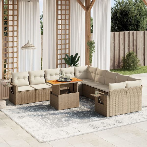 vidaXL 11-tlg. Garten-Sofagarnitur mit Kissen Beige Poly Rattan