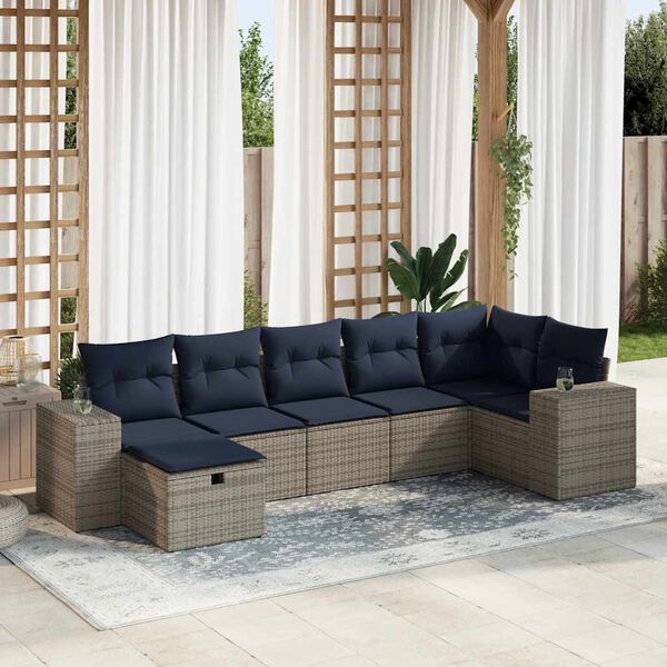vidaXL 7-tlg. Garten-Sofagarnitur mit Kissen Grau Poly Rattan