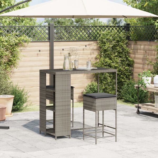 vidaXL 3-tlg. Gartenbar-Set mit Kissen Grau Poly Rattan