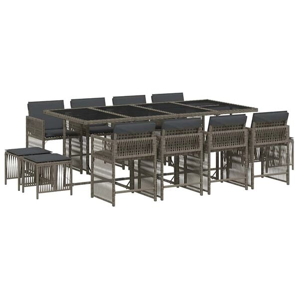 vidaXL 13-tlg. Garten-Essgruppe mit Kissen Grau Poly Rattan