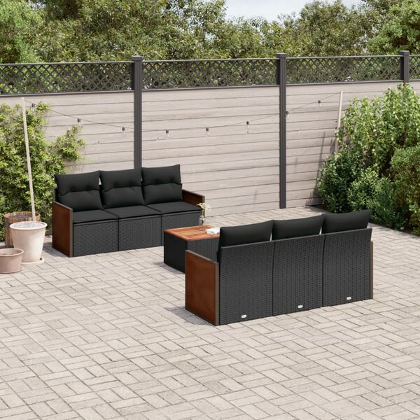 vidaXL 7-tlg. Garten-Sofagarnitur mit Kissen Schwarz Poly Rattan