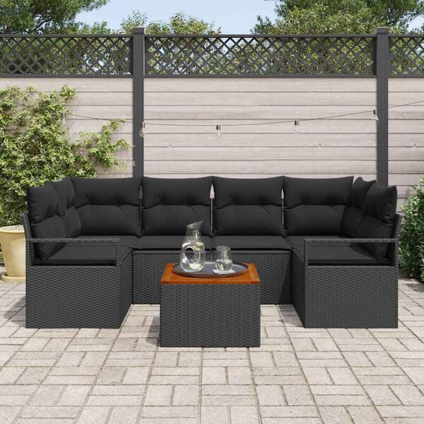 vidaXL Garten-Sofa-Set mit Kissen 7 pcs Schwarz Poly Rattan