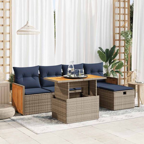 vidaXL 6-tlg. Garten-Sofagarnitur mit Kissen Grau Poly Rattan Akazie