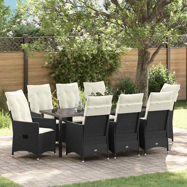 vidaXL Garten Essgruppe mit Kissen 9 pcs Schwarz Poly-Rattan