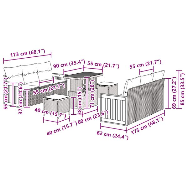 vidaXL Gartensofa-set mit Kissen 11 pcs Schwarz Poly-Rattan