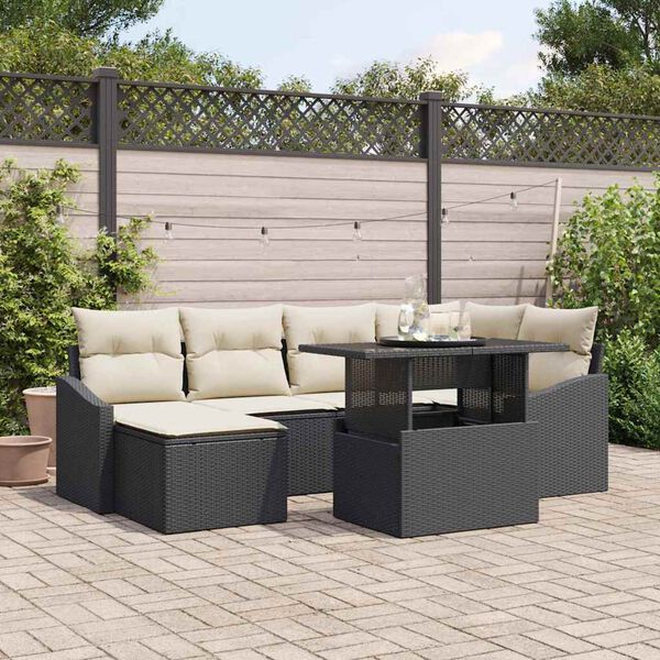 vidaXL Garten-Sofa-Set mit Kissen mit Speicher 7 pcs Schwarz und Creme