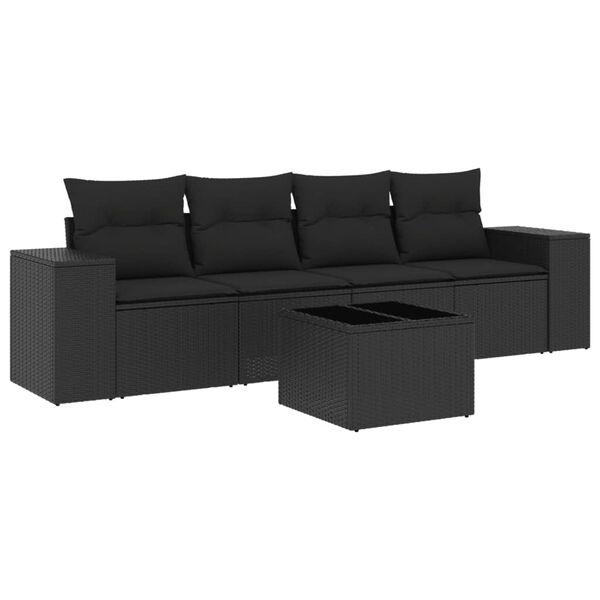 vidaXL 5-tlg. Garten-Sofagarnitur mit Kissen Schwarz Poly Rattan