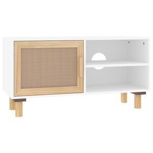 vidaXL TV-Schrank Wei&szlig; 80x30x40 cm Massivholz Kiefer und Natur-Rattan