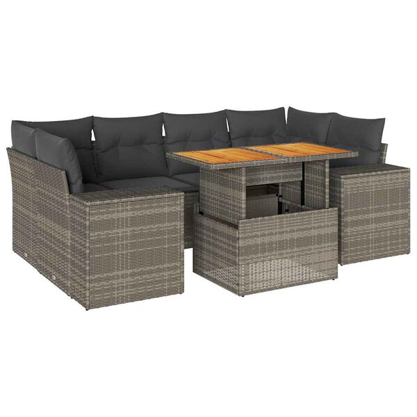 vidaXL 7-tlg. Garten-Sofagarnitur mit Kissen Grau Poly Rattan