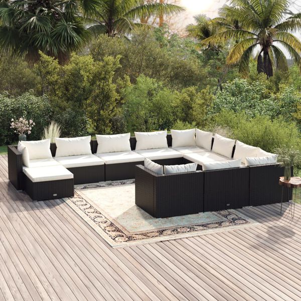 vidaXL 11-tlg. Garten-Lounge-Set mit Kissen Poly Rattan Schwarz