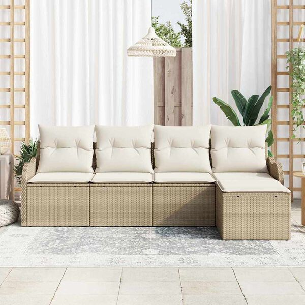 vidaXL Garten-Sofa-Set mit Kissen mit Speicher 5 pcs Beige Poly Rattan