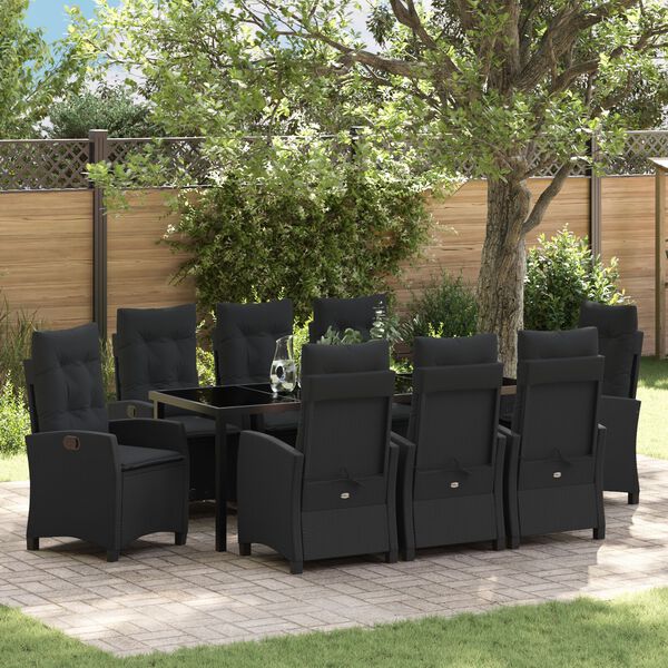 vidaXL Garten Essgruppe mit Kissen 9 pcs Schwarz Poly-Rattan