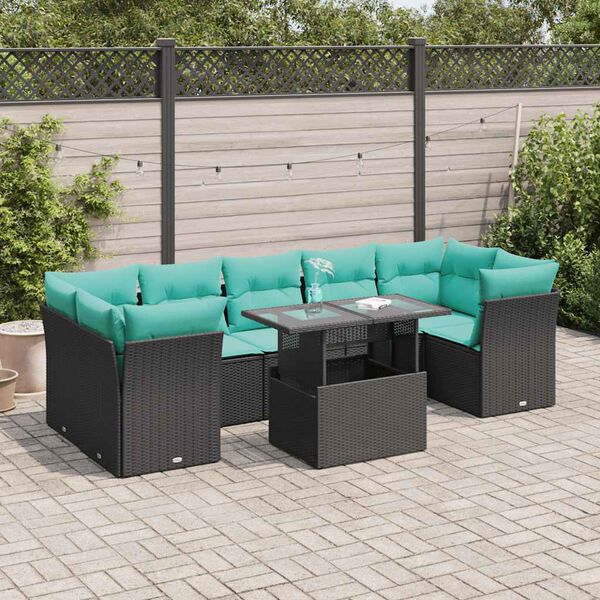 vidaXL 8-tlg. Garten-Sofagarnitur mit Kissen Schwarz Poly Rattan