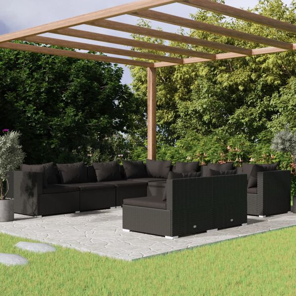 vidaXL 9-tlg. Garten-Lounge-Set mit Kissen Schwarz Poly Rattan