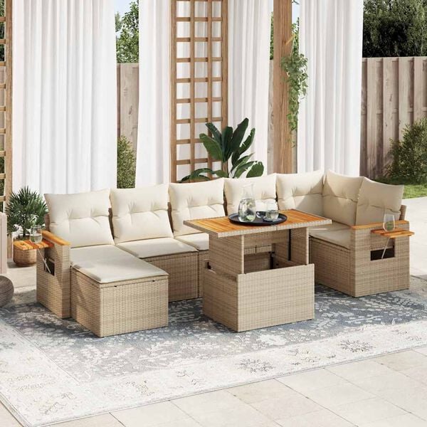 vidaXL 8-tlg. Garten-Sofagarnitur mit Kissen Beige Poly Rattan Akazie
