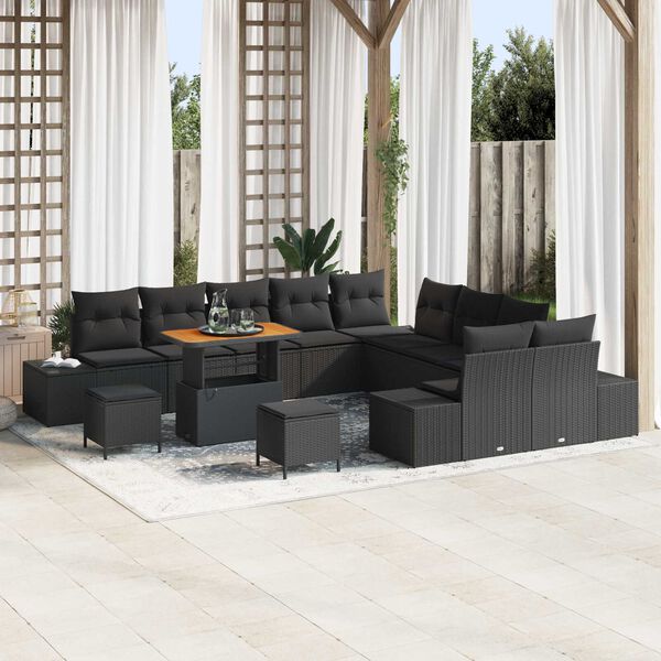 vidaXL Garten-Sofa-Set mit Kissen 13 pcs Schwarz Poly Rattan