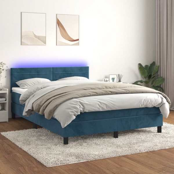 vidaXL Boxspringbett mit Matratze & LED Dunkelblau 140x200 cm Samt