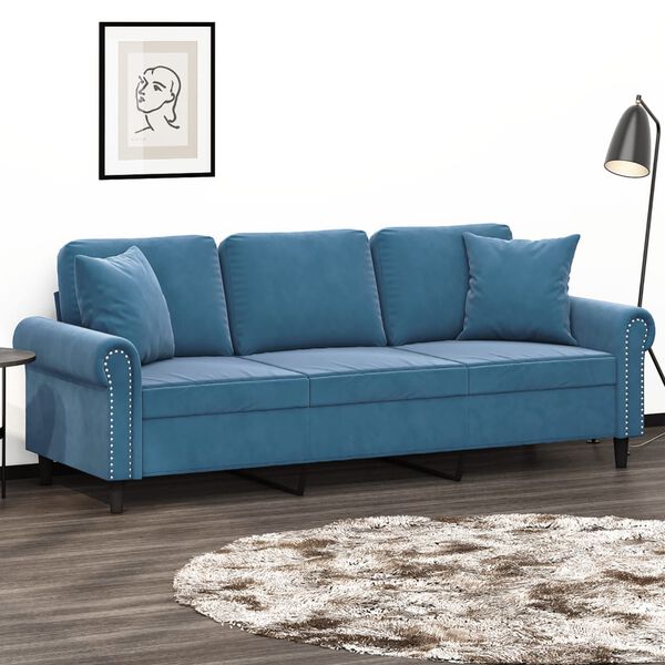 vidaXL 3-Sitzer-Sofa mit Zierkissen Blau 180 cm Samt
