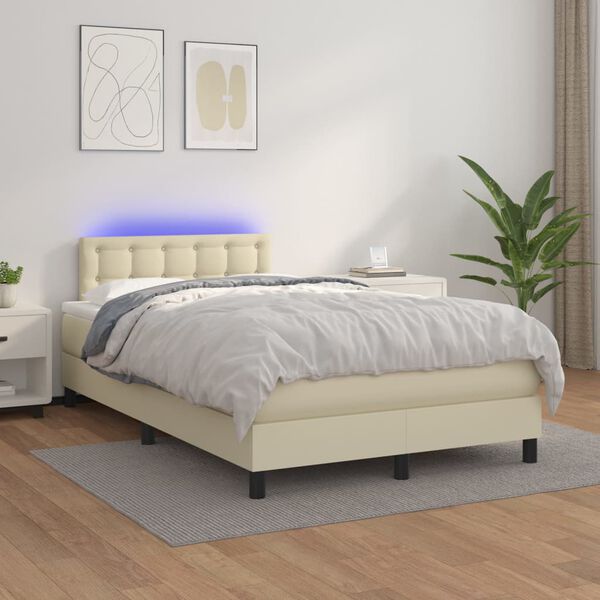 vidaXL Boxspringbett mit Matratze & LED Creme 120x200 cm Kunstleder