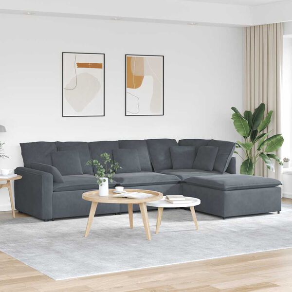 vidaXL Modulares Sofa mit Fußhocker Kissen Samt Dunkelgrau