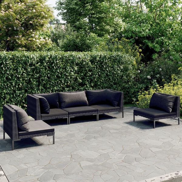 vidaXL 5-tlg. Garten-Lounge-Set mit Kissen Poly Rattan Dunkelgrau