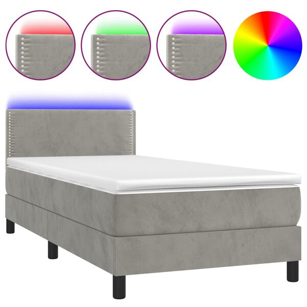vidaXL Boxspringbett mit Matratze & LED Hellgrau 100x200 cm Samt