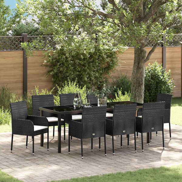 vidaXL Garten Essgruppe mit Kissen 9 pcs Schwarz Poly-Rattan