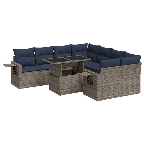 vidaXL 9-tlg. Garten-Sofagarnitur mit Kissen Grau Poly Rattan