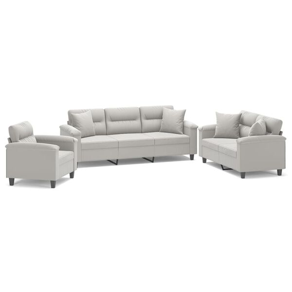 vidaXL 3-tlg. Sofagarnitur mit Kissen Hellgrau Mikrofasergewebe