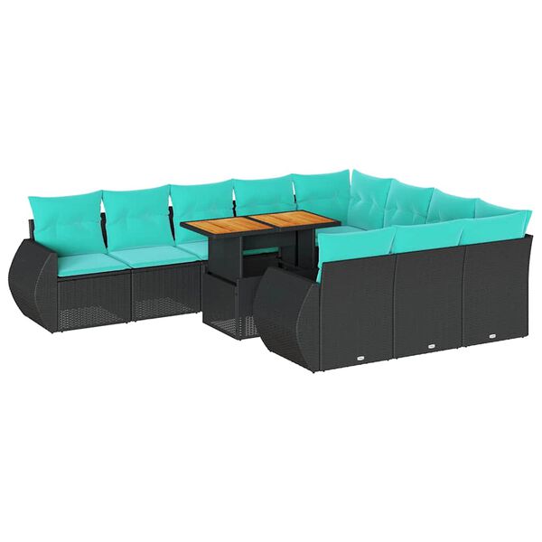 vidaXL 11-tlg. Garten-Sofagarnitur mit Kissen Schwarz Poly Rattan
